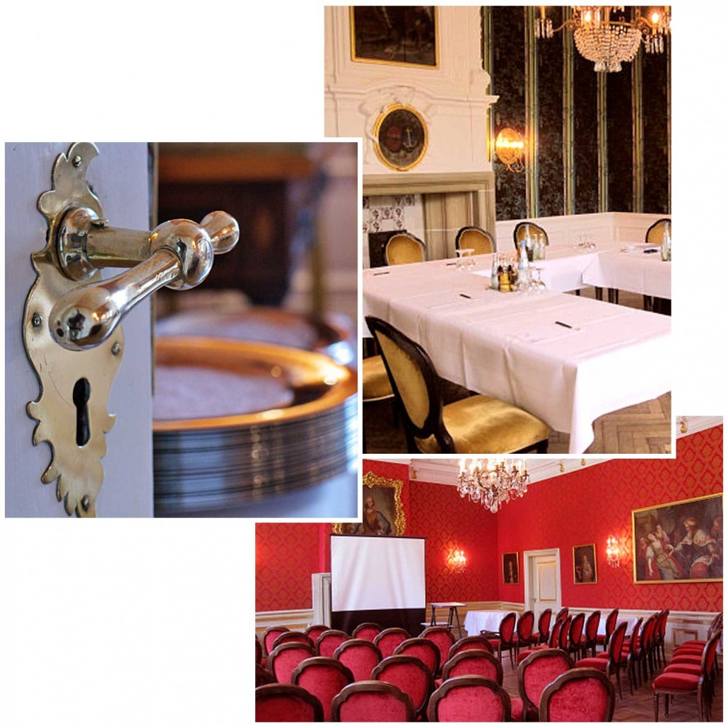 3 Bilder - Historische Innenräume mit antiken Möbeln: Türgriff aus Metall, ein mit weißer Tischdecke gedeckter Konferenztisch und ein Saal mit roten Samtsesseln und Kronleuchtern