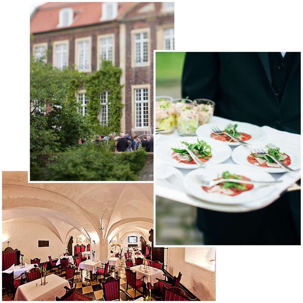 3 Bilder - Außenansicht eines historischen Gebäudes mit Gästen, Kellner trägt Tablett mit Vorspeisen, Innenraum eines Restaurants mit weißen Tischen und roten Stühlen unter gewölbter Decke