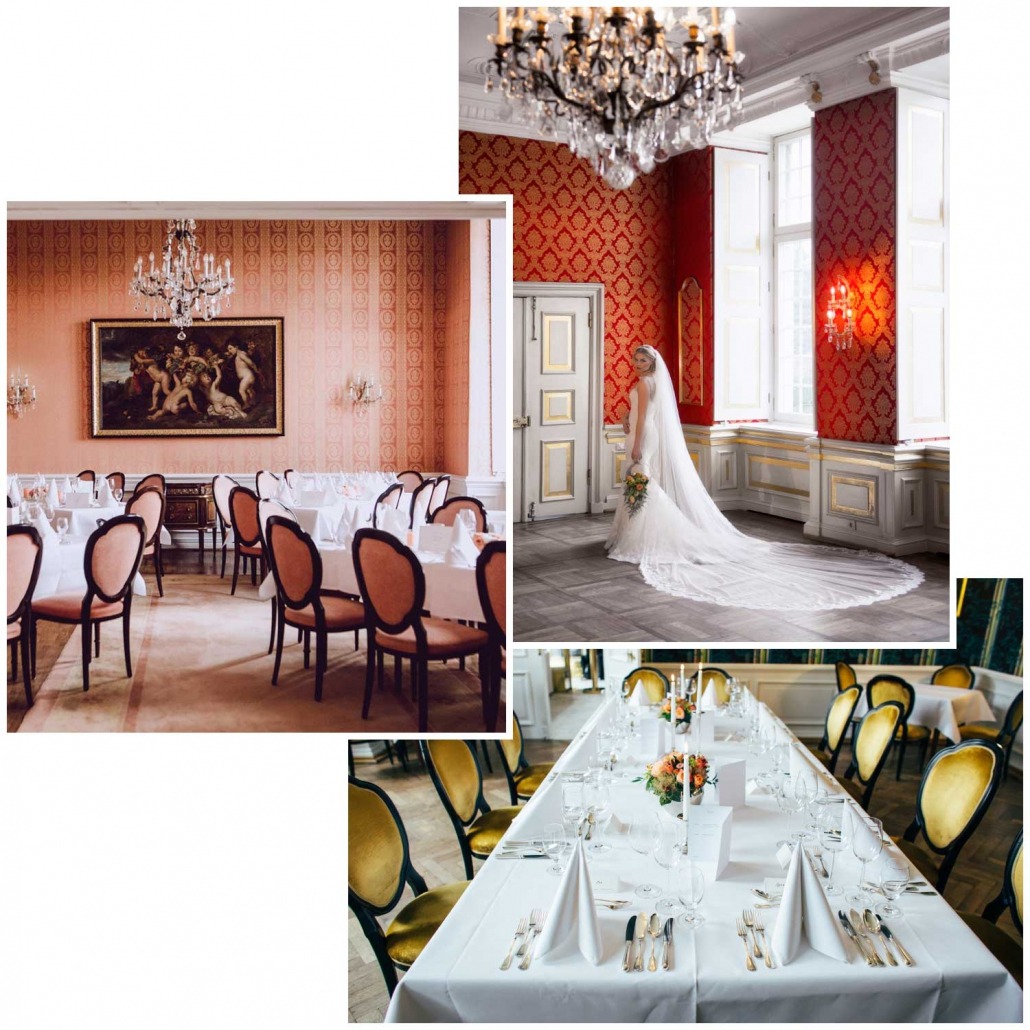 3 Bilder - Eleganter Festsaal mit roten und goldenen Wänden, Kronleuchtern, weißen Tischtüchern und gedeckten Tischen, Braut in weißem Kleid mit langem Schleier vor roter Wand