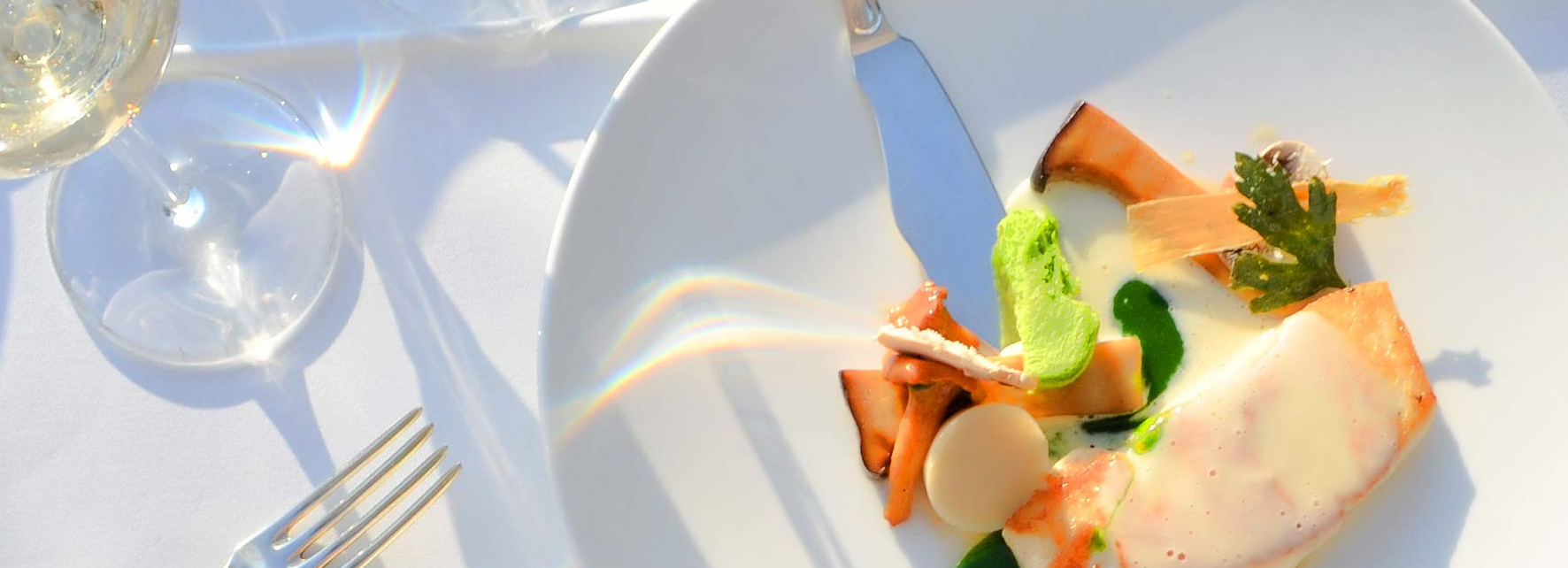 Fein angerichteter Teller mit Lachs, Pilzen, grüner Sauce und Beilage auf weißem Tisch im Schloss Wilkinghege